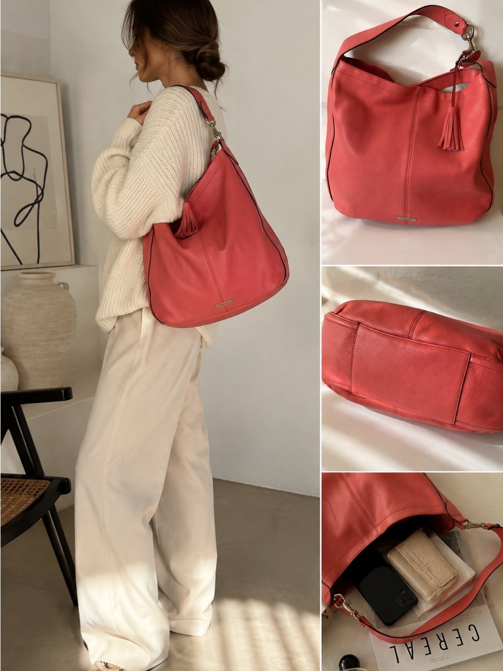 Coach Coral Pink Pebbled Leather Large Hobo Shoulder Bag with Tassel